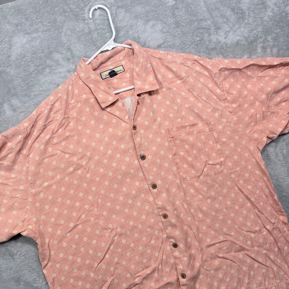 Tommy Bahama Shirt Men XXL Pink Silk Geometric Leaf Print Short Sleeve Button Up